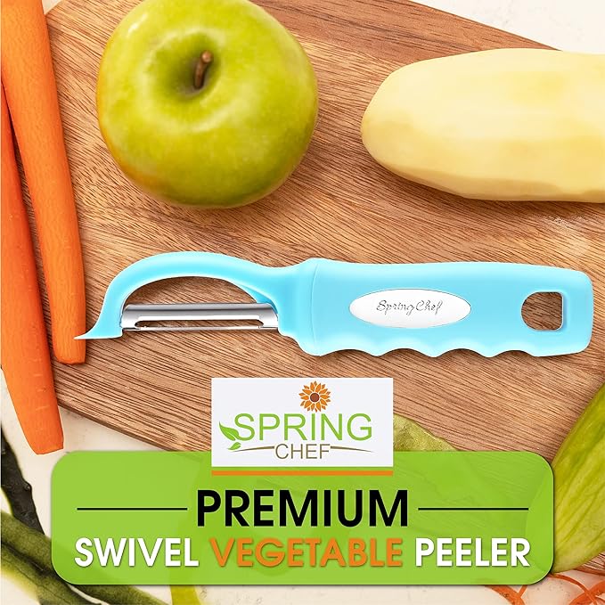Spring Chef Premium Swivel Vegetable Peeler & Magnetic Measuring Cups & Spoons, Set of 15 with Leveler - 2 Product Bundle - Aqua Sky