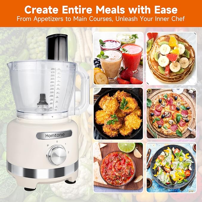 Homtone 16 Cup Food Processor Large, 9-in-1 Vegetable Chopper with 7 Blades for Shredding, Slicing, French Fry Cutting, Meat Grinding, Dough Kneading & Emulsifying, 3 Speeds, Dishwasher Safe, White