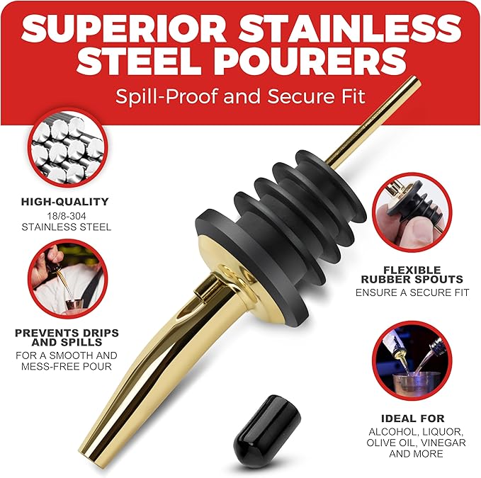48 Pack Stainless Steel Bottle Pourers for Alcohol, Liquor, and Wine - Bar Accessories, Spouts for Bottles and Dispensers (gold)