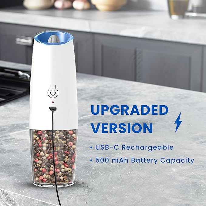 Rechargeable Electric Salt and Pepper Grinder set of 2, gravity electric salt and pepper grinder set, Adjustable Roughness, LED Light, 2 Pack, (White)
