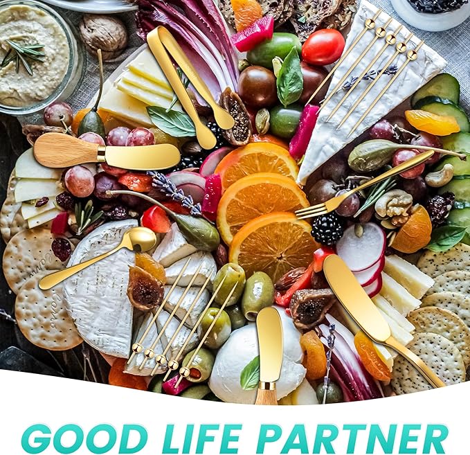 Charcuterie Board Accessories With 3 Oz Ceramic Dip Bowls, Wooden Handle Gold Cheese Spreader Butter Knive Set Kit, Mini Tongs, Spoons, Forks,Honey Dipper, Cocktail Picks