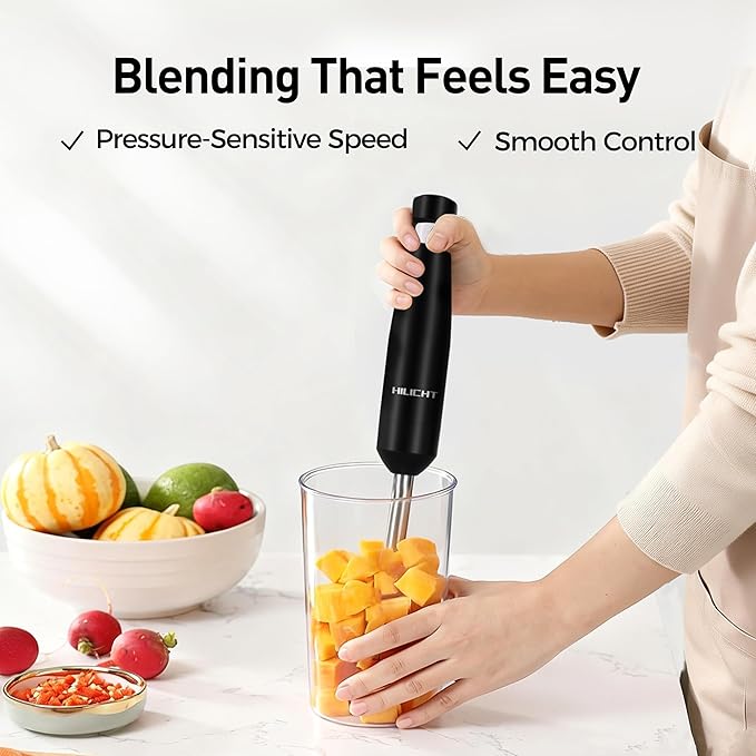 Cordless Immersion Hand Blender (Stick Blender) – Smooth, Controlled Blending for Everyday Cooking, 12V Brushless Motor, Pressure-Sensitive Variable Speed, USB-C Rechargeable, Easy-Clean (Black)