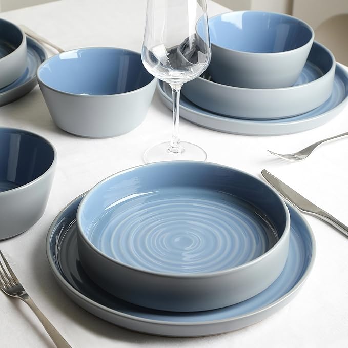 Stone Lain Elica 24-Piece Modern Dinnerware Set Stoneware, Plates and Bowl Sets for 8, Beige and Black