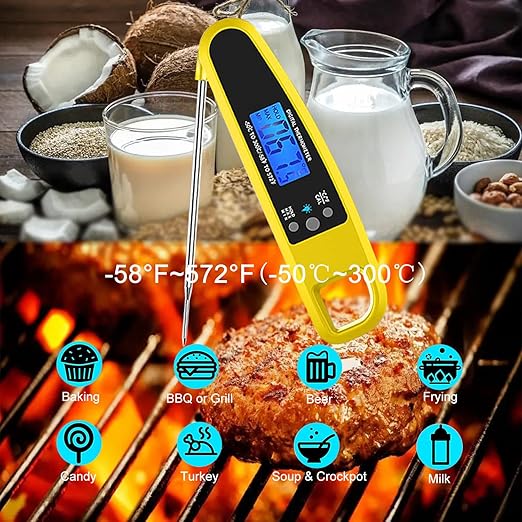 Instant Read Meat Thermometer for Kitchen Cooking, Ultra Fast Precise Waterproof Digital with Backlight, Magnet and Foldable Probe for Food,Deep Fry, Outdoor BBQ, Grill(Yellow)