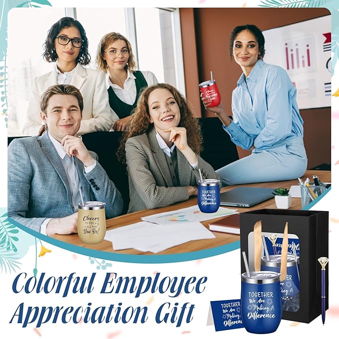 Patelai 60 Pcs 2026 Employee Appreciation Gift Set for Team 12oz Stainless Steel Coffee Mug Colorful Cups with Lid and Straw Pens Card Bags Set for Employees Team Party Supplies