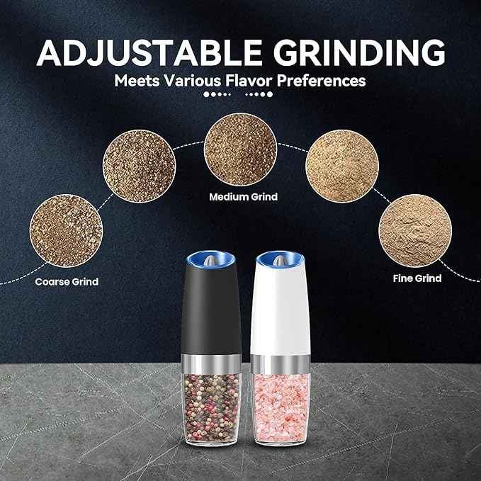 Gravity Electric Salt and Pepper Grinder set of 2, Automatic Salt And Pepper Grinder Set, Adjustable Roughness, Battery Powered, LED Light, 2 Pack, (Black&White)