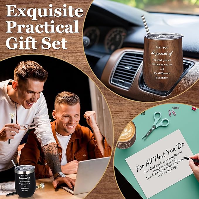 Patelai 30 Pcs Thank You Gift Set for Colleague 12oz Stainless Steel Coffee Mug Wood Grain Cups with Lid and Straw Pens Card Bags Set for Coworker Fathers Day Husband Male Friends Staff