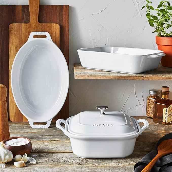 STAUB Ceramic 4-pc Baking Pans Set, Casserole Dish with Lid, Brownie Pan, White