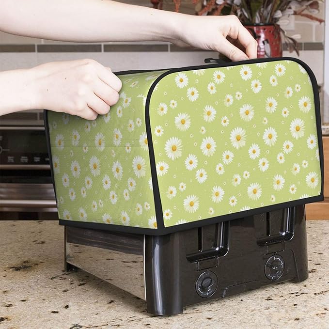 Toaster Cover 4 Slice Green Daisy Flower Pattern Kitchen Small Appliance Covers with Pockets Dust and Fingerprint Protection