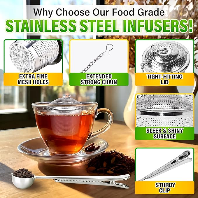 Set of 1 Large Tea Infuser, 1 Small Infuzers & Scoop With Bag Clip - Stainless Steel Tea Infuser for Loose Leaf Tea Steeper Tea Strainers for Loose Tea Diffusers for Loose Tea - Loose Tea Leaf Steeper