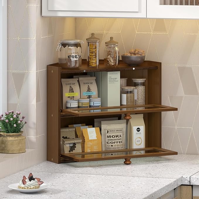 JANSNIMEN Corner Bread Box for Kitchen Countertop, Large Bread Container Storage Bamboo Wooden Farmhouse Bread Box with Window Bread Holder (Brown)