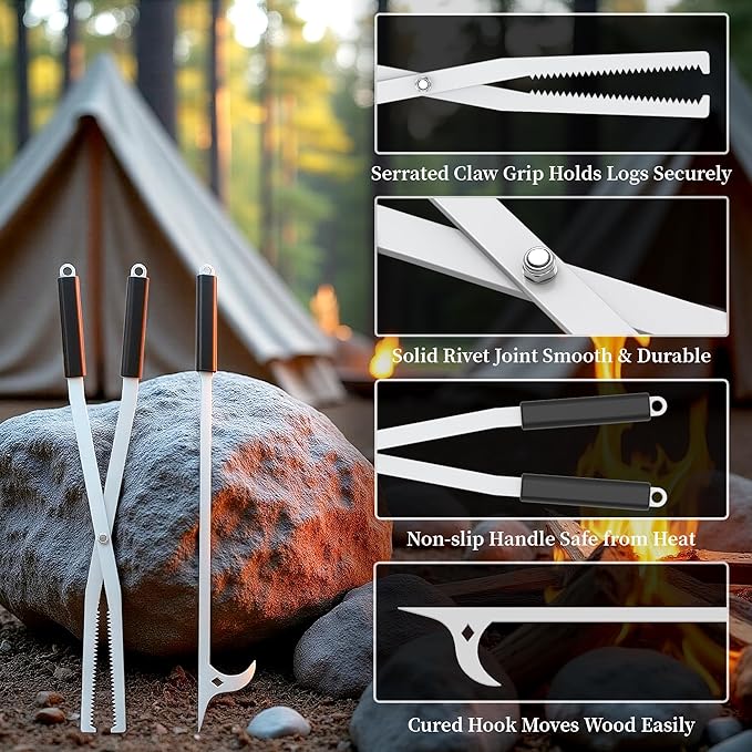 Heavy Duty Fire Tongs Firewood Grabber Tool with Scissor Shape Serrated for Campfire, Bonfire, Fire Pit Log Claw Tongs - Stainless Steel