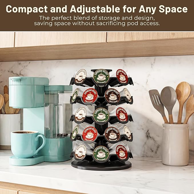 EVERIE Coffee Pod Carousel Organizer for Countertop, Holds 40 Single-Serve Coffee Pods, Smooth 360° Rotating Holder, Space-Saving Coffee Station Storage, Compact 8" x 8" x 12.4"