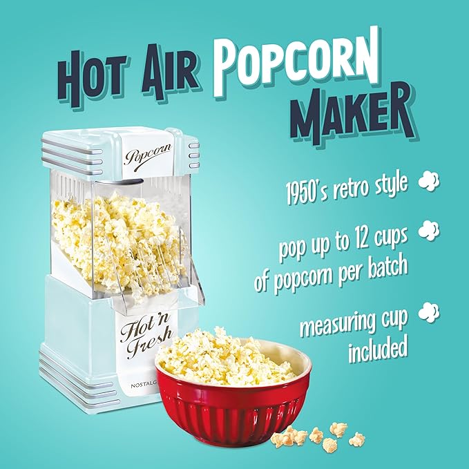 Nostalgia Retro Hot Air Popcorn Maker – 12 Cups Oil Free Popping – Countertop Machine with Measuring Cup – Healthy Snacks & Movie Nights – Aqua