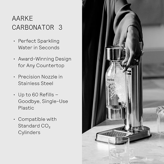 Aarke Carbonator lll with CO2 Cylinder, Sparkling & Carbonation Water Machine, Stainless Steel with PET BPA-Free Reusable Bottle Volume 1L/34 fl oz (Gold)