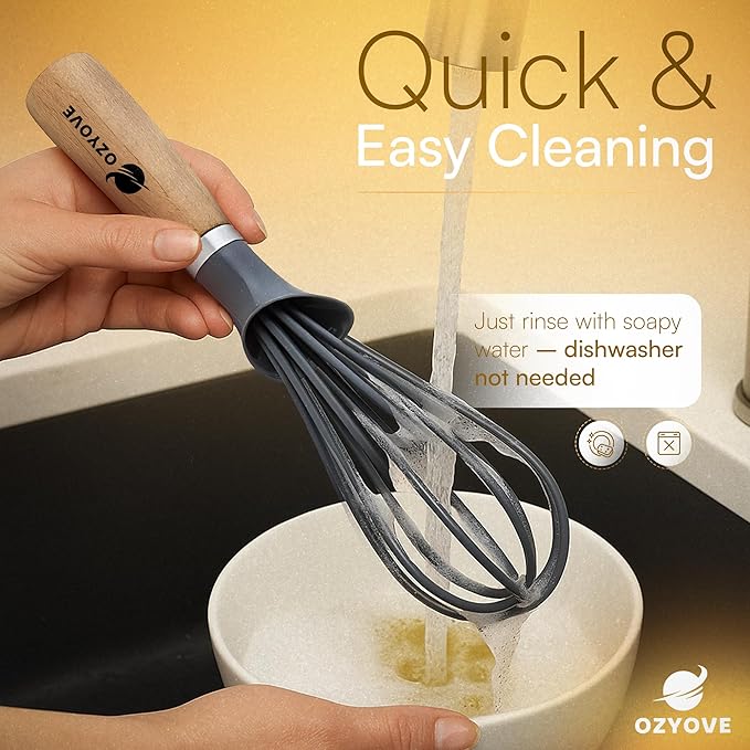 Modern Kitchen Whisk with Wooden Handle, Gray Silicone Wires, Professional Balloon Style for Mixing, Blending, Cooking, Utensil for Whisking Beating Frothing