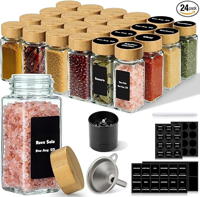 24 Pack Square Glass Spice Jars with Bamboo Lids, 4oz Spice Containers with Shaker Inserts and Labels, Airtight Seasoning Organizer for Spice Rack, Cabinet, Drawer - Grinder & Funnel Included