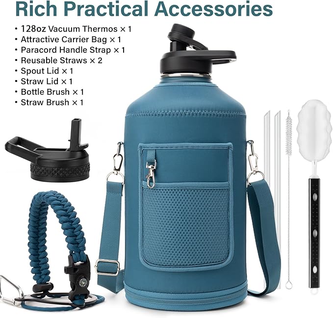 DYSANKY 1 Gallon Water Bottle Insulated | Thickened Stainless Steel Vacuum Metal Water Jug | Portable Sports Large for Gym and Hiking with Straw, Carrier Bag, Handle Strap | BPA-Free 128 oz