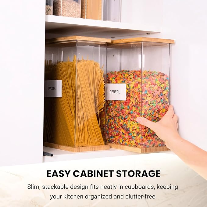 Bamboo Food Dispenser 2 Pack (Large) | Airtight Cereal & Snack Storage Containers | Acrylic Kitchen Organizer for Pantry | Rice, Flour, Candy, Coffee, Pasta, Dry Food Storage