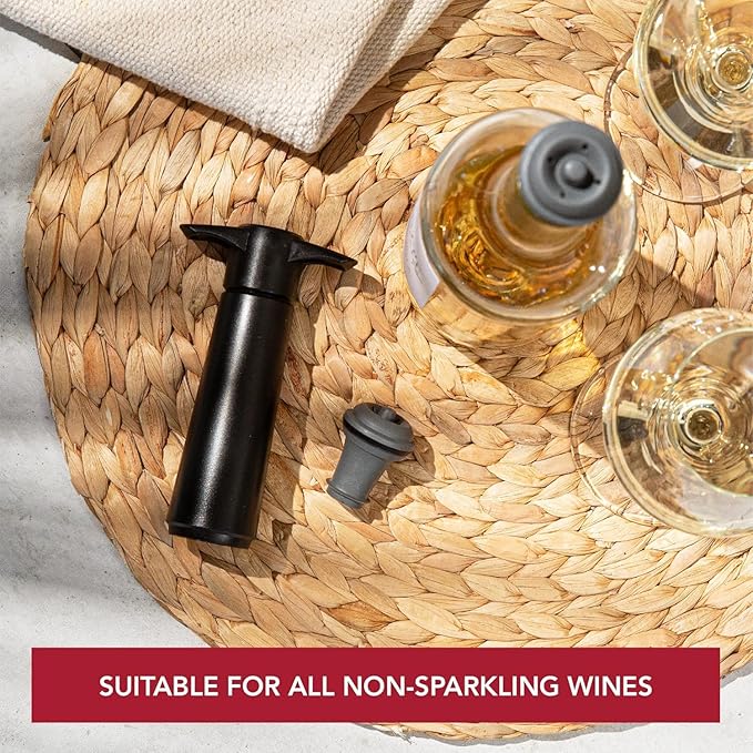 Vacu Vin Wine Saver Pump Gray with Vacuum Wine Stopper - Keep Your Wine Fresh for up to 10 Days - 1 Pump 4 Stoppers - Reusable - Made in the Netherlands