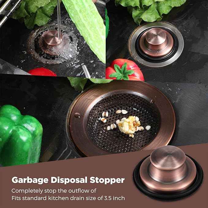 Mudder 3 Pcs Kitchen Sink Drain Strainer and Stopper Stainless Steel Garbage Disposal Plug with Handle Universal Anti-Clogging Kitchen Sink Filter Sieve Basket Strainer(Antique Copper)