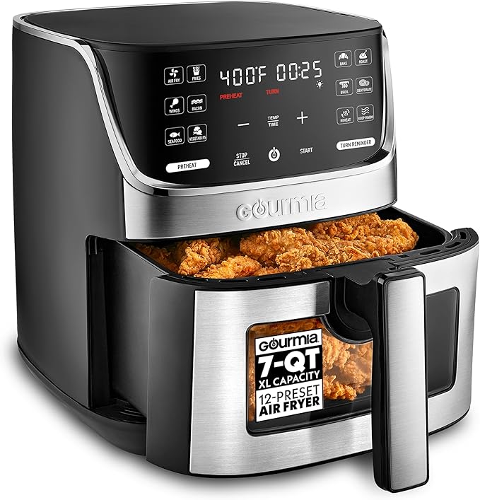Gourmia Air Fryer - 7 Qt Large Capacity with LED Display, 12 One-Touch Presets, FryForce 360° Technology, Nonstick Dishwasher-Safe Basket & Crisper Tray, Stainless Steel