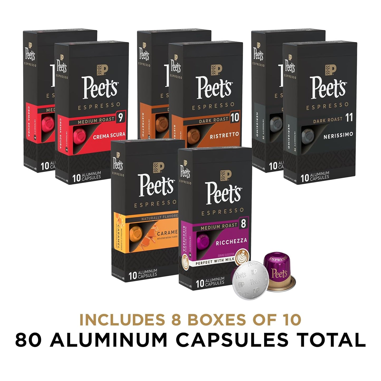 Peet's Coffee, Dark Roast Espresso Capsules Variety Pack, Compatible with Nespresso Original Machine - Intensity 8-11, 80 Count (8 Boxes of 10 Espresso Capsules)