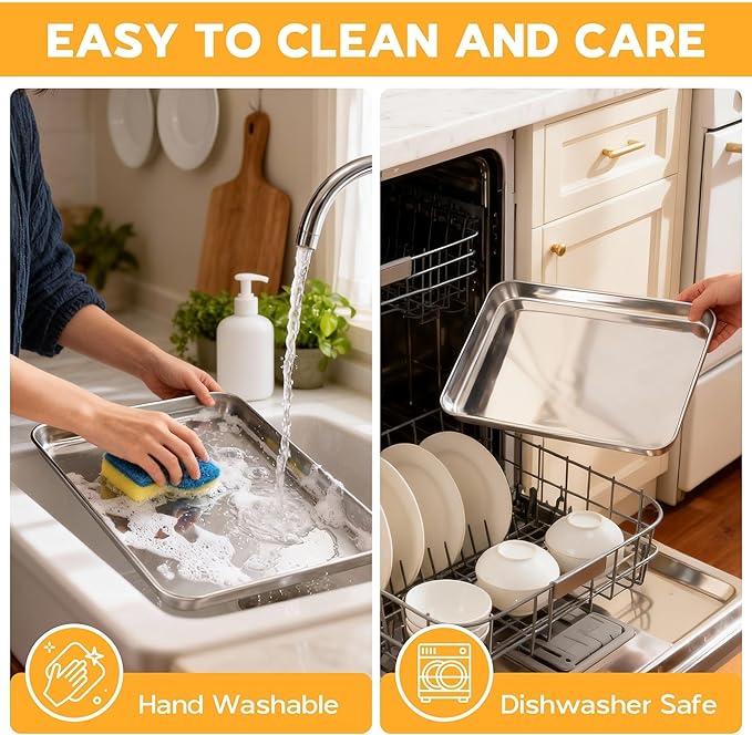 Onader Baking Sheet Set of 2, 12.5" x 9.7" Food-Grade Stainless Steel Quarter Sheet Pans for Baking, Metal Cookie Toaster Oven Pan Tray, Heavy Duty & Dishwasher Safe