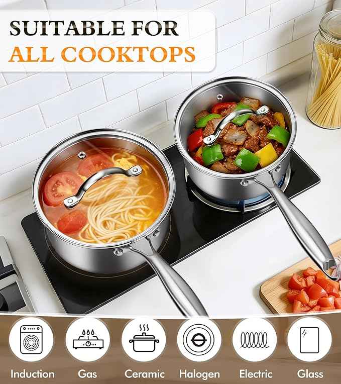 Stainless Steel Saucepan Set with Lids 1.5QT & 2.2QT, Tri-Ply Stainless Steel Sauce Pot Set, Induction Saucepans, 4 Pcs Nonstick Saucepans Cookware Set, Dishwasher Safe