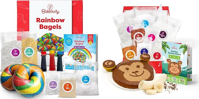 Baketivity Rainbow Bagel & Monkey Banana Bread Baking Kit Bundle – DIY Kids Cooking Set with Pre-Measured Kosher Ingredients, Illustrated Recipes, Video Guides & STEM Activities – Ages 6-12+