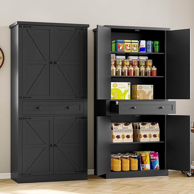 Pantry Organizers and Storage Cabinet, 70” Barn Door White Kitchen Cabinet with Drawers and Adjustable Shelf, Tall Pantry for Kitchen, Dining Room, Living Room Bedroom