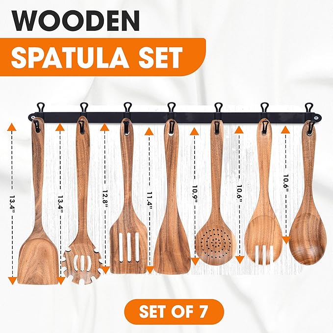 Cheer Collection Wooden Utensil Set - 7 Piece Cooking Utensils, Teak Wooden Spoons & Spatulas for Cooking, Heat Resistant, Non-Stick, and Safe Wooden Cooking Utensils