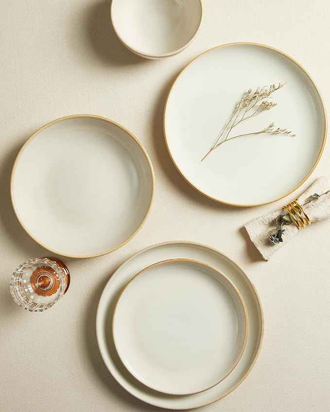 Plates and Bowls Sets for 8, 24 Piece Dinnerware Set for Large Families & Entertaining, Elegant Design, Dishwasher & Microwave Safe, Chip Resistant and Durable, Yellow White