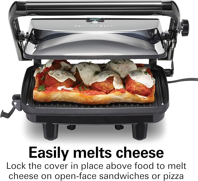 Hamilton Beach Panini Press Sandwich Maker & Electric Indoor Grill with Locking Lid, Opens Wide to Fit Any Thickness for Quesadillas, Burgers & More, Nonstick 8" x 10" Grids, Chrome (25460MNA)