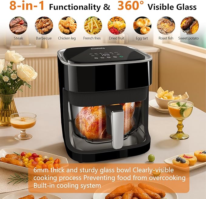 Glass Air Fryer 4.5 Qt, Non-Toxic Borosilicate Glass Basket with 360° View, Upgraded Food-Grade Stainless Steel Tray, 8-in-1 One-Touch Presets, Teflon-Free & Dishwasher Safe, Black