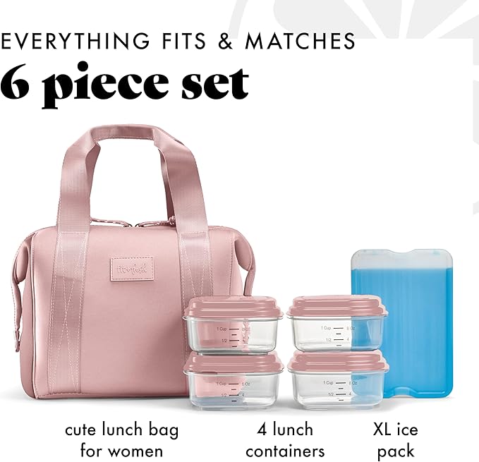 Fit & Fresh Remi Neoprene Lunch Bag For Women - Meal Prep Kit with Containers & XL Ice Pack, Self Insulating Neoprene-like Material, Machine Washable Lunch Bag, Tear-Resistant, Stain-Resistant, Mauve