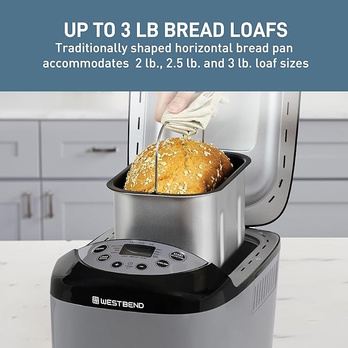 West Bend Hi-Rise Bread Maker Machine Programmable 12 Programs Including Gluten Free & 3 Loaf Sizes and Crust Colors with Traditionally-Shaped Horizontal Bread Pan with Dual Knead Blades, 3-Lb, Gray