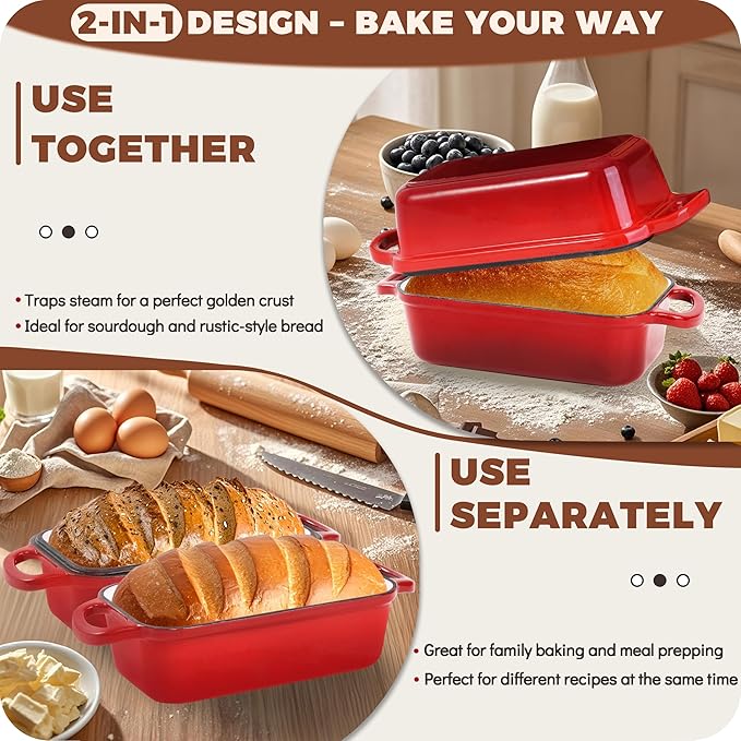 Cast Iron Bread Loaf Pan with Lid, 2 In 1 Loaf Pans for Baking Bread 9x5, Enameled Bread Pans for Homemade Bread, Sourdough, Even Heating Bread Dutch Oven, Red