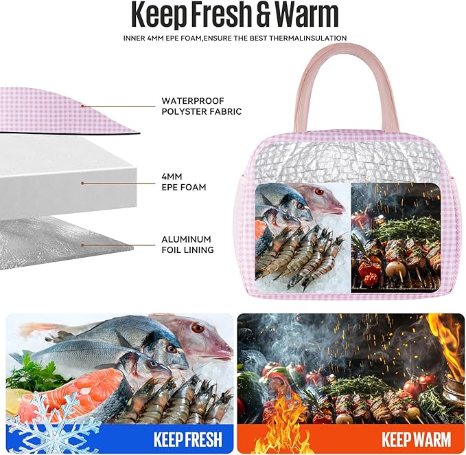 douyadady Lunch Bag Women/Men Lunch Box Women/Men (Pink+White Grid)