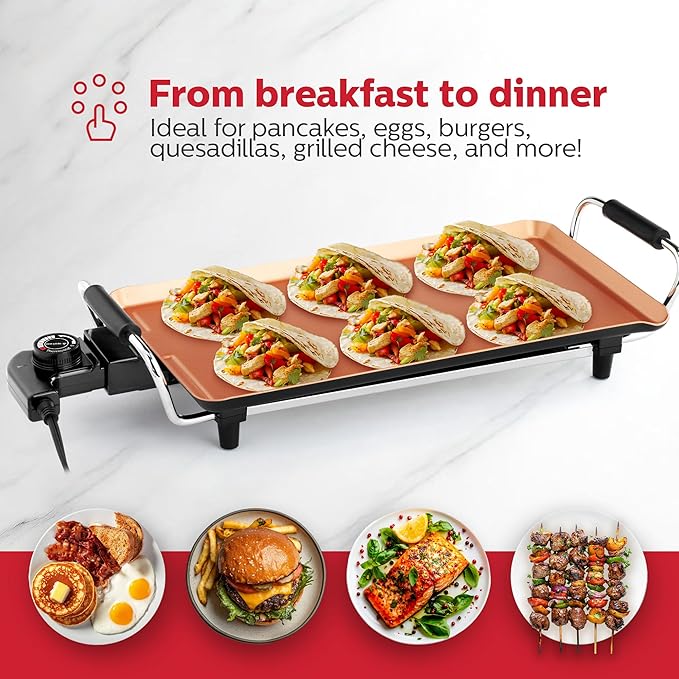 Holstein Housewares 16-Inch Electric Griddle, Healthy-Eco Non-stick Coating and Smokeless, Large Cooking Surface for Making Eggs, Chicken Chops and Ham, Multifunctional, Copper and Black Color