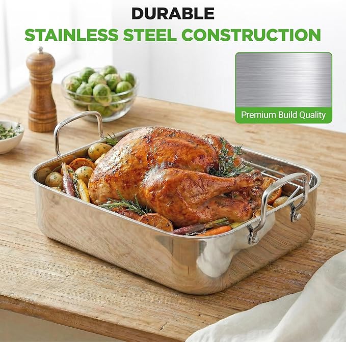 NutriChef Premium Stainless Steel Roasting Pan with Rack – Heavy‑Duty 14″ Turkey Roasting Pan for Turkey, Chicken & Meats (Wide Handles, Dishwasher Safe)