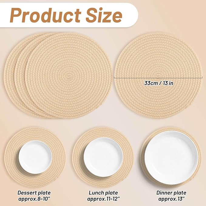 Billbotk Round Woven Placemats Set of 4, 13 Inches Table Place Mats for Dining Table, Hot Pads for Kitchen, Trivets for Hot Dishes, Pots and Pans,Tabletop Accessories(Beige)