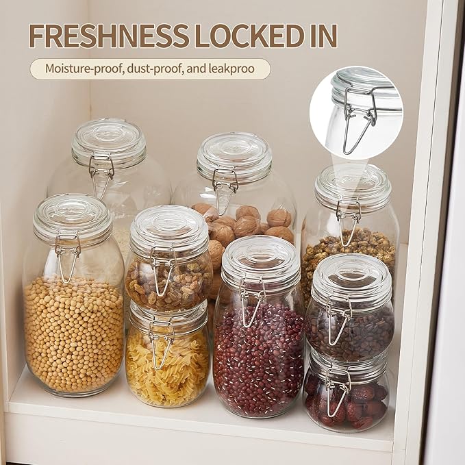 ODBCYWM 34oz Glass Food Storage Jars with Airtight Lids, Set of 4 – Clear Preserving Seal Wire Clip Fastening Canisters for Kitchen Canning, Flour, Cereal, Pasta, Sugar, Beans, Pickling Jars (34oz*4)