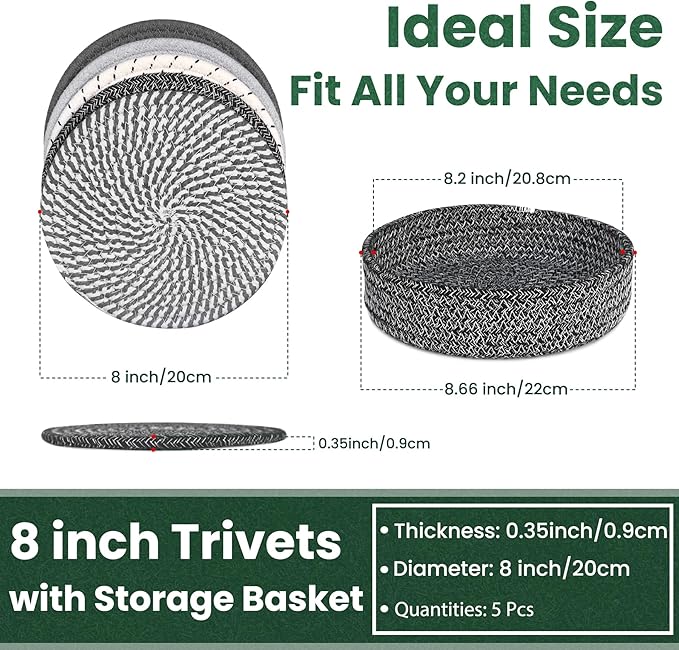 8 Inch Trivets for Hot Dishes, Hot Pots and Pans, Thick Heat Resistant Large Coaster for Kitchen, Hot Pads, Kitchen Essentials, Kitchen Decor for Table & Countertop with Storage Basket, 5 Pcs