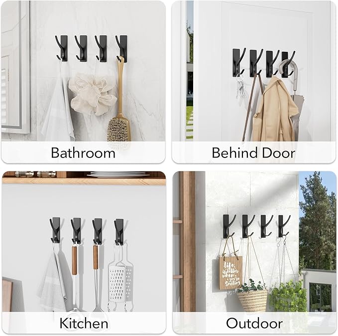 pickpiff Matt Black Self Adhesive Coat Hooks for Hanging: 13LB Extra Strong Stainless Wall Hook for Towel, Utensil, Backpack, Hat, Sturdy Metal Hanger for Bathroom, Kitchen, Door, 6-Pack
