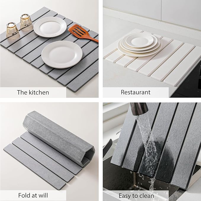 Large Stone Drying Mat for Kitchen Counter, 24''L x 16''W Diatomaceous Earth Collapsible Dish Drying Mat, Quick Drying Mat, Glasses and Flatware, Matches Any Countertop (Dark Gray, 24'' x 16'')