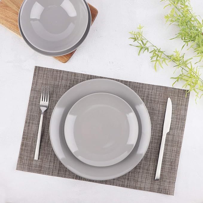 Amazon Basics 18-Piece Stoneware Dinnerware Set, Service for 6, Microwave and Dishwasher Safe, Plates and Bowls for Everyday Use, Smokey Grey