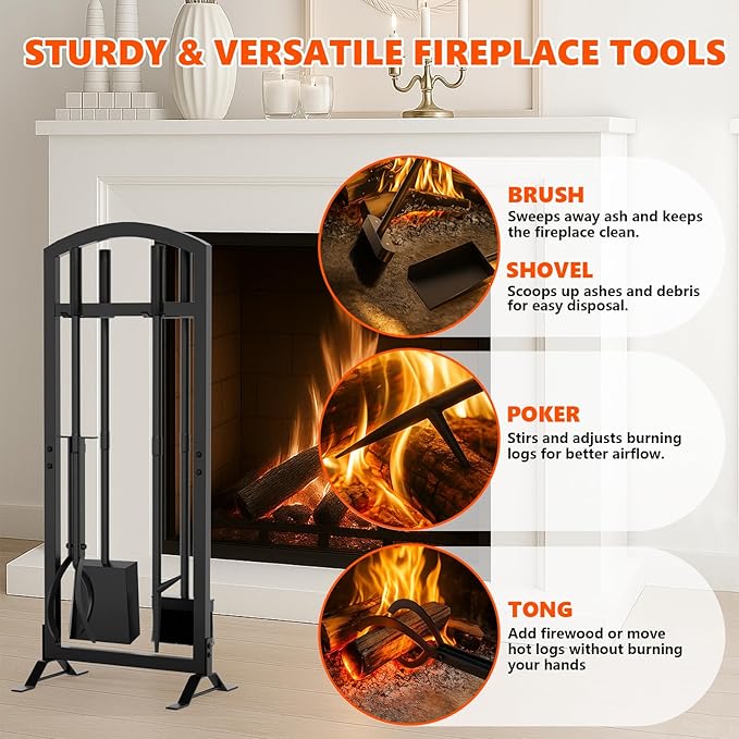 6 Pcs Fireplace Tools Set with Log Carrier, HXJLJY 34" Fireplace Accessories Sturdy Fire Tool Set Holder with Fire Poker Brush Shovel Tong Stand for Indoor Fireplace Outdoor Fire Pit Wood Stove, Arch