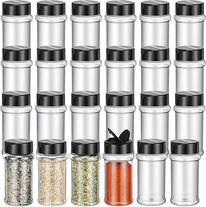Jadive 24 Pcs Plastic Spice Jars with Shaker Lids Clear Spice Bottles Plastic Seasoning Containers Empty Shaker for Kitchen Storing Herbs Seasoning Powders Pepper Dry Goods (12 oz,Black)