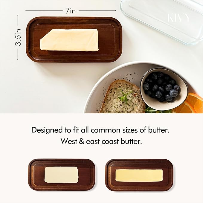 KIVY Glass butter dish with airtight lid that keeps butter soft - For countertop and refrigerator door shelf - Butter tray fridge - Butter holder for counter - Covered butter dishes with lid